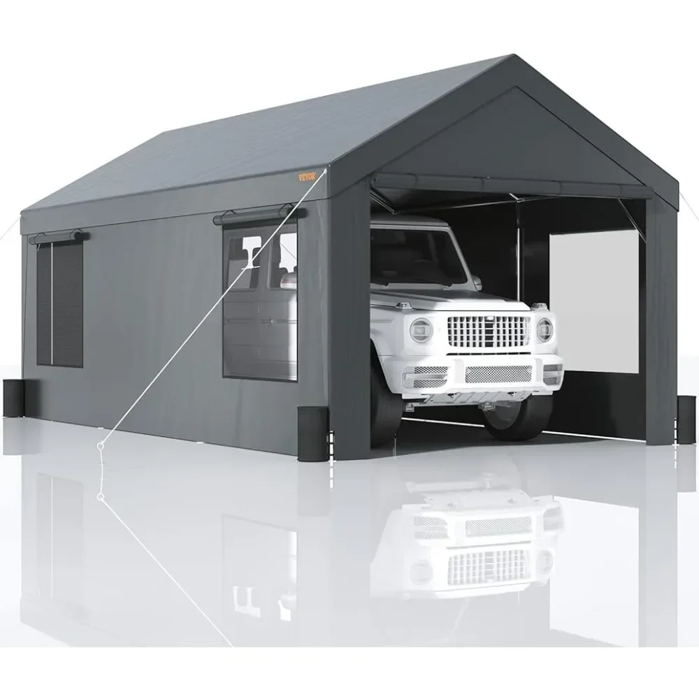 

Heavy Duty Car Canopy With Roll-up Ventilated Windows & Removable Sidewalls Windscreen Carport 10x20ft Portable Garage Camping