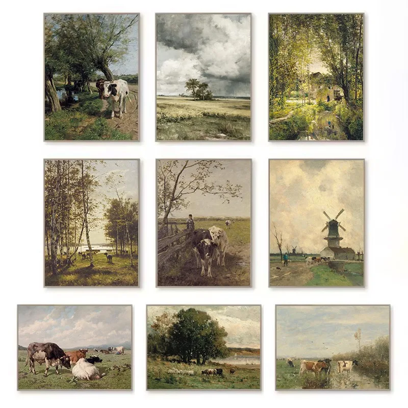 Vintage European Countryside Meadow River Forest Farm Landscape Cows Poster Canvas Painting Wall Art Pictures Home Decor