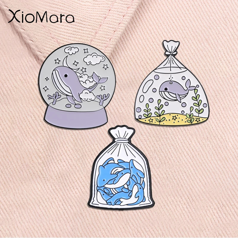 Dreamy Purple Whale Snow Globe Enamel Pins Bagged Ocean Whale Crystal Ball Cartoon Animal Brooches Lapel Badge Jewelry Gifts