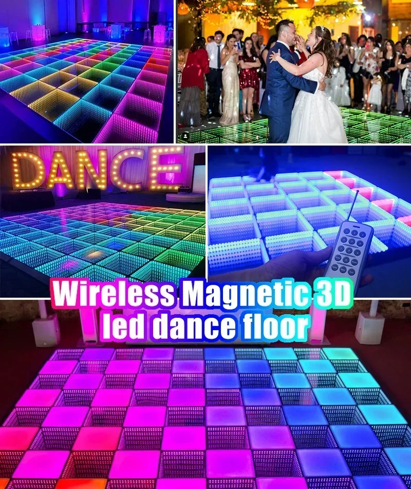 ل المغناطيسي Led أرضية الرقص الزفاف المحمولة ثلاثية الأبعاد التفاعلية Piste De Danse Lumineuse Led إنفينيتي مرآة أرضية الرقص اللاسلكية