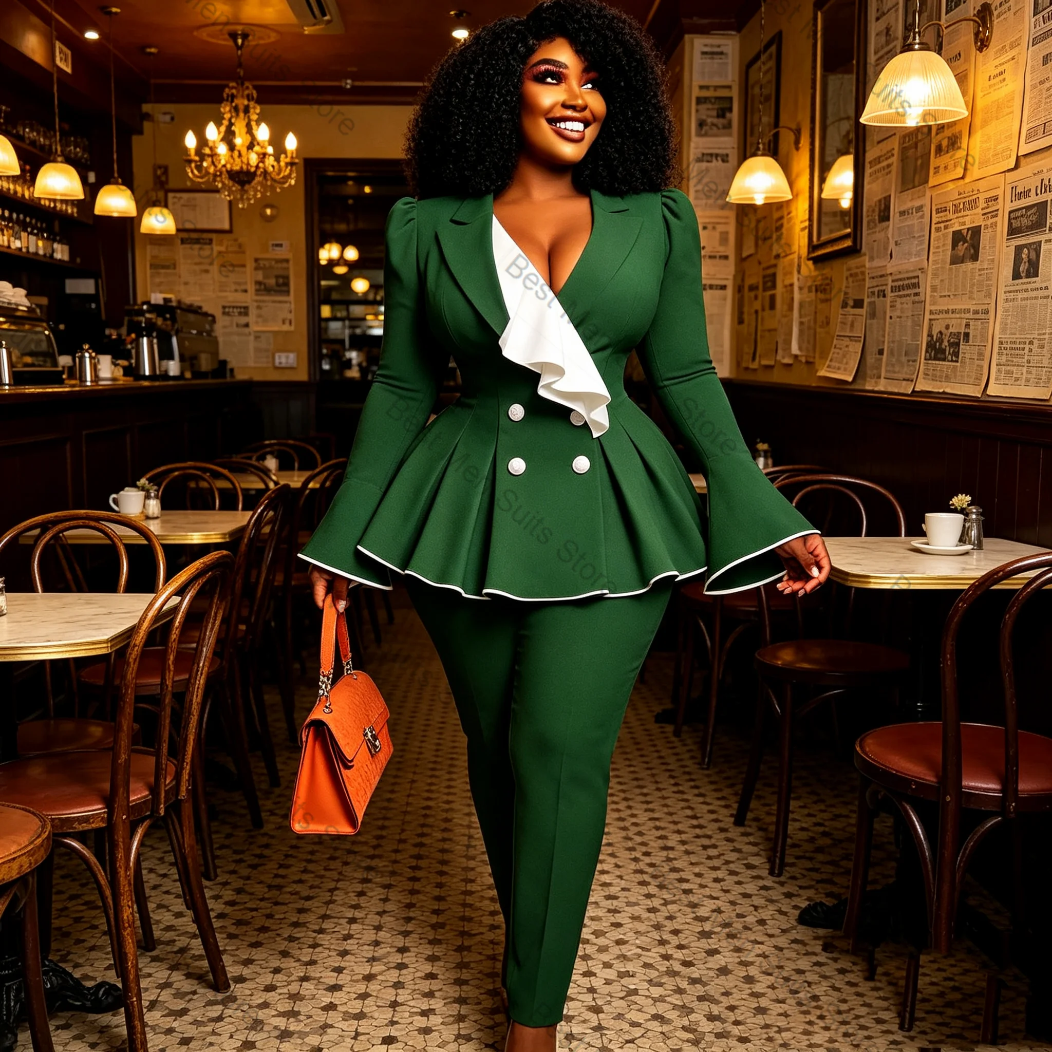 White Green Women Suit Pants Set 2 Pcs Blazer Trousers Ruffles Hem Formal Office Lady Jacket Customized Wedding Guest Coat