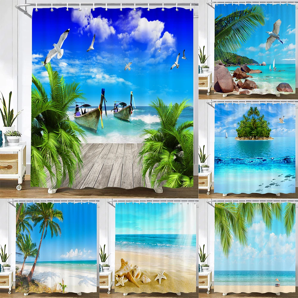 3D Seascape Beach Printed Fabric Shower Curtains Bathroom Curtain Bath Screen Waterproof Products Home Decor with Hooks