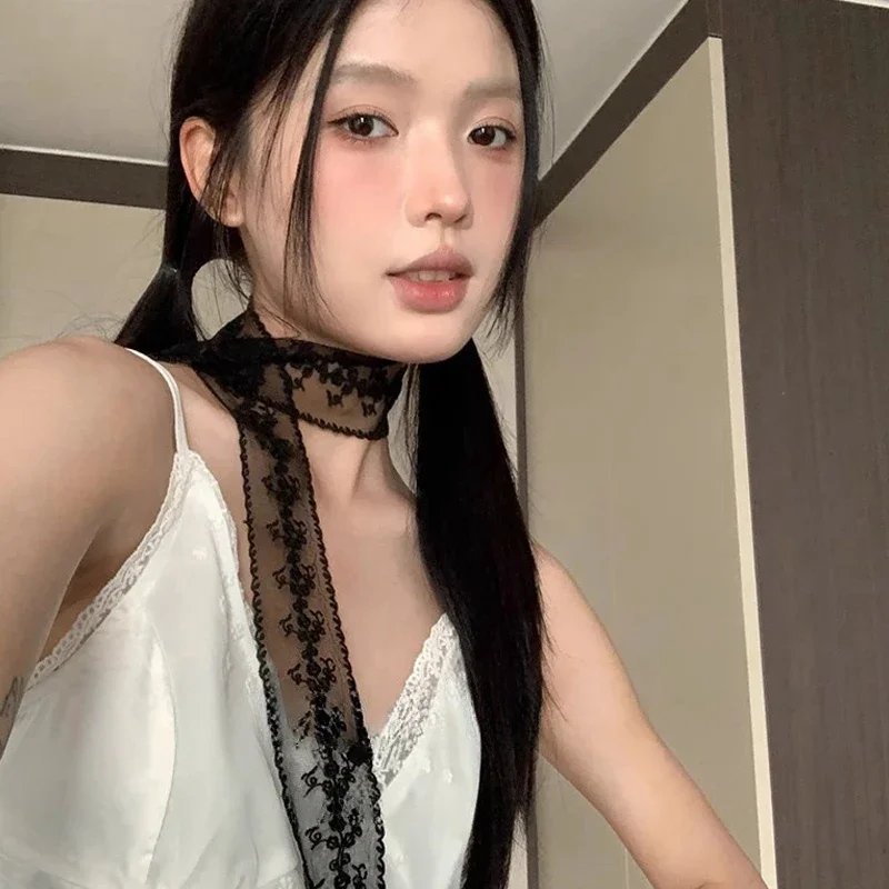 

French Lace Scarf Summer Hollow Embroidery Long Ribbon Belt Accessories Women's Fashionable Neck Warmer Hair Tie