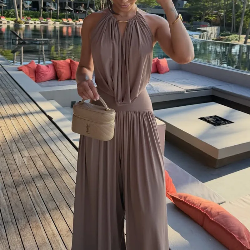 Vacation Summer Women's Suit Sexy Halter Backless One Piece Romper And Long Pants Sets Spring Hollow Elegant Draped 2pcs Outfits
