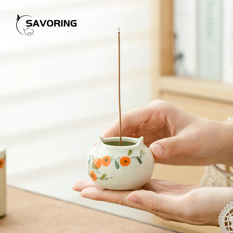 

Hand Painted Persimmon Incense Stick Holder Ceramic Double Ear Incense Burners Stand Holders Buddha Zen Ornament Stick Holder