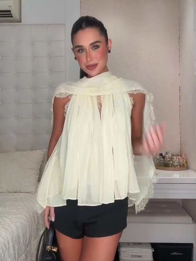 

Solid Women Lace Blouse Sleeveless Shawl Halter Loose Female Shirt Chic Lady Office Streetwear Commute Summer 2026
