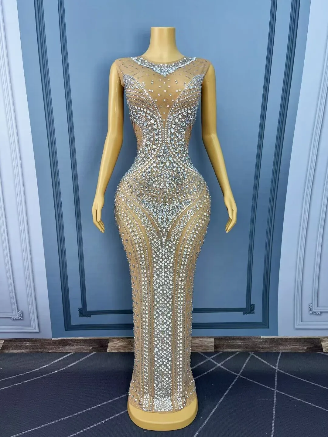 럭셔리한 반짝이 라인스톤 우아한 트림 핏 메쉬 드레스 여성 생일 이브닝 웨딩 프롬 가운 레드 카펫 촬영 무대 의상