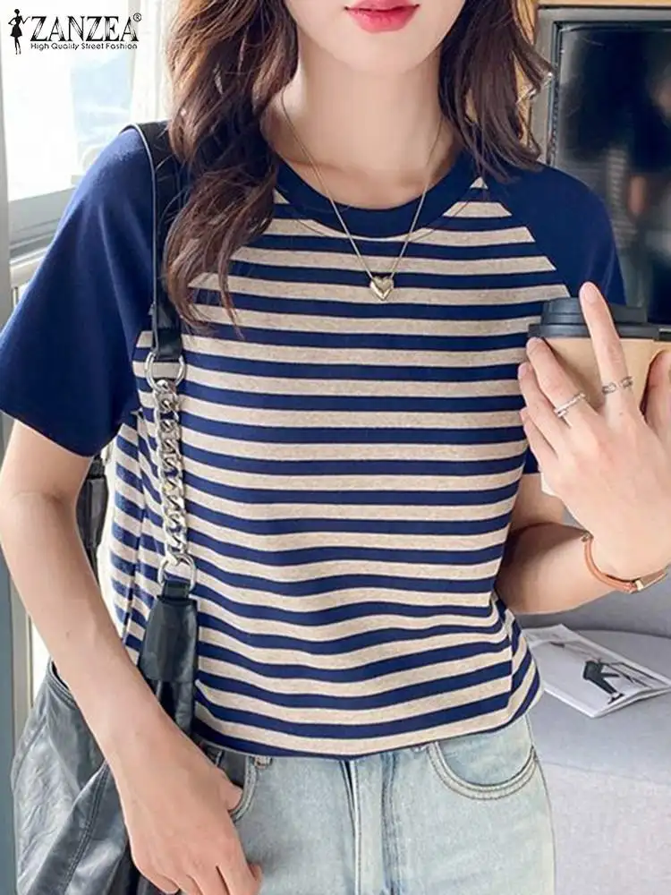 ZANZEA Women Summer Patchwork Blouse Casual Tops Fashion Short Sleeve Striped Printed Shirt Female Elegant OL Work Blusas Mujer