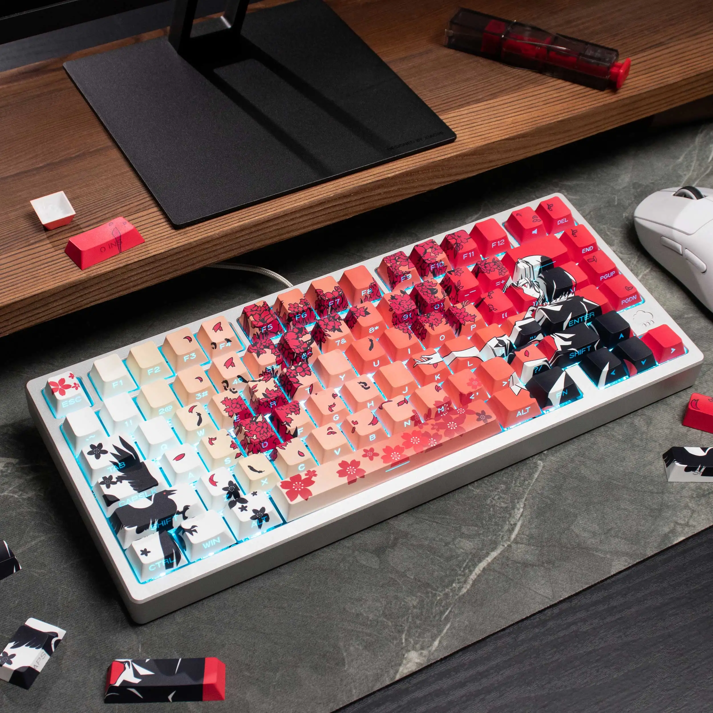 131 keys Raven Sakura Keycaps Dye Sublimation Cherry Profile PBT Keycap Side Print Light through keycaps For Mechanical Keyboard