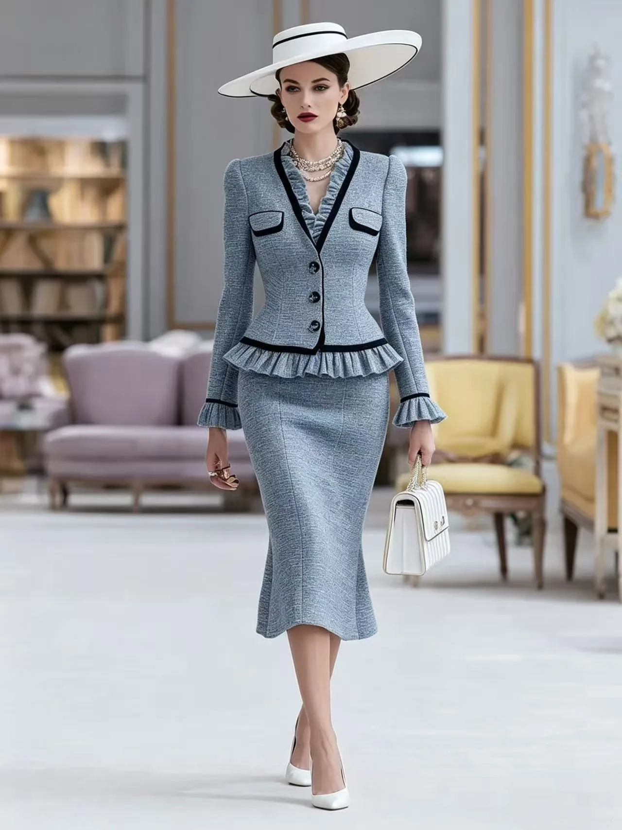 XXOWENLI Women 2‑Piece Suit V‑Neck Ruffle Trim Blazer Jacket+Mermaid Midi Skirt Elegant Office Luxury Party Matching Outfit Set view 5