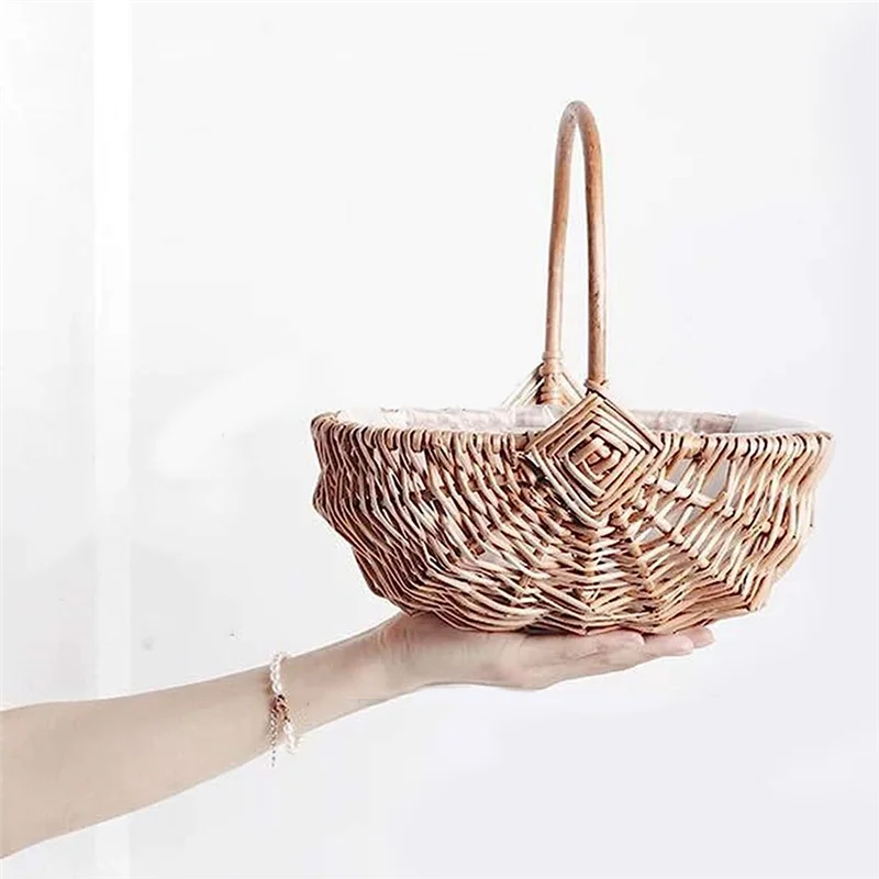 HHTL 1 قطعة سلة فتاة الزهور المنسوجة يدويا مع مقبض سلة نزهة الخوص الفارغة سلال فتاة الزهور الزفاف