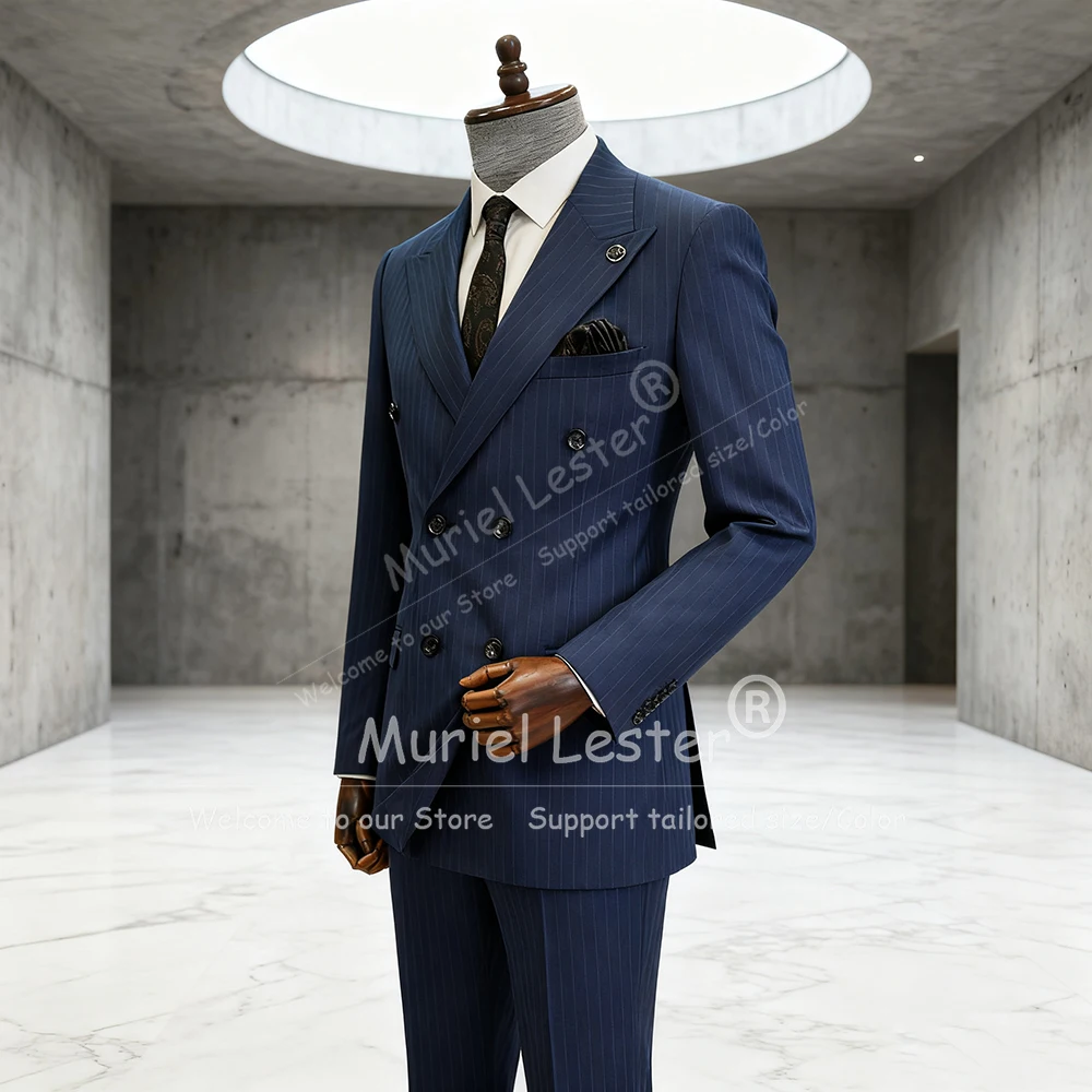 

Классические мужские костюмы в темно-синюю полоску, комплект из 2 предметов, двубортный пиджак, брюки, индивидуальный мужской банкетный наряд, смокинги для жениха, официальных вечеринок