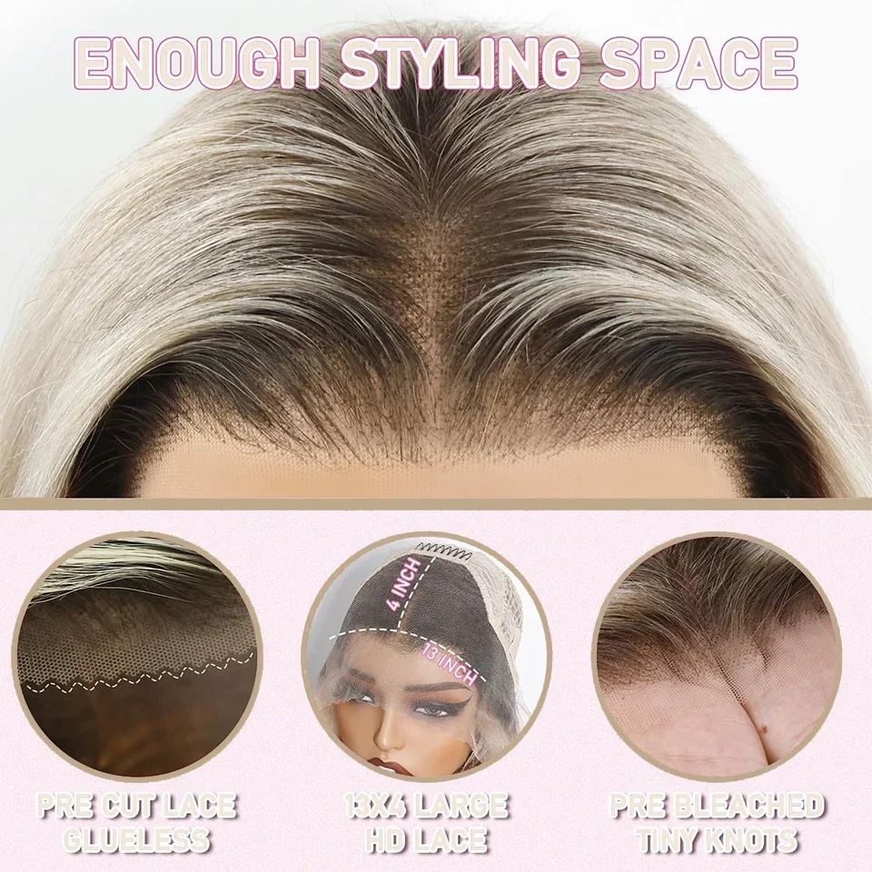 Peruca Curta Ombre Loiro Cinza Sem Cola com Renda Frontal UHD Transparente, Cabelo Humano Remy para Mulheres, Pré-arrancada