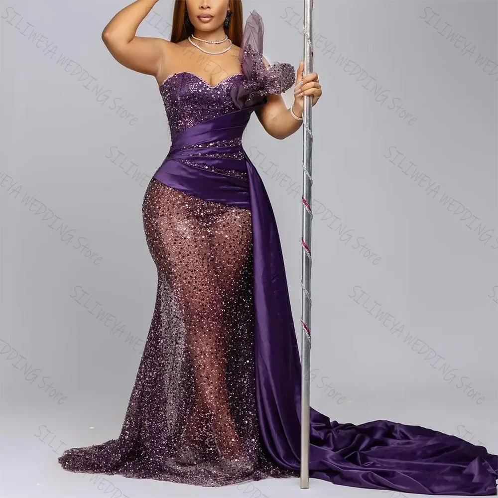 

Purple Strapless Fashion See Through Chic Prom Dresses A-Line Floor-Length Female Party Evening Gown