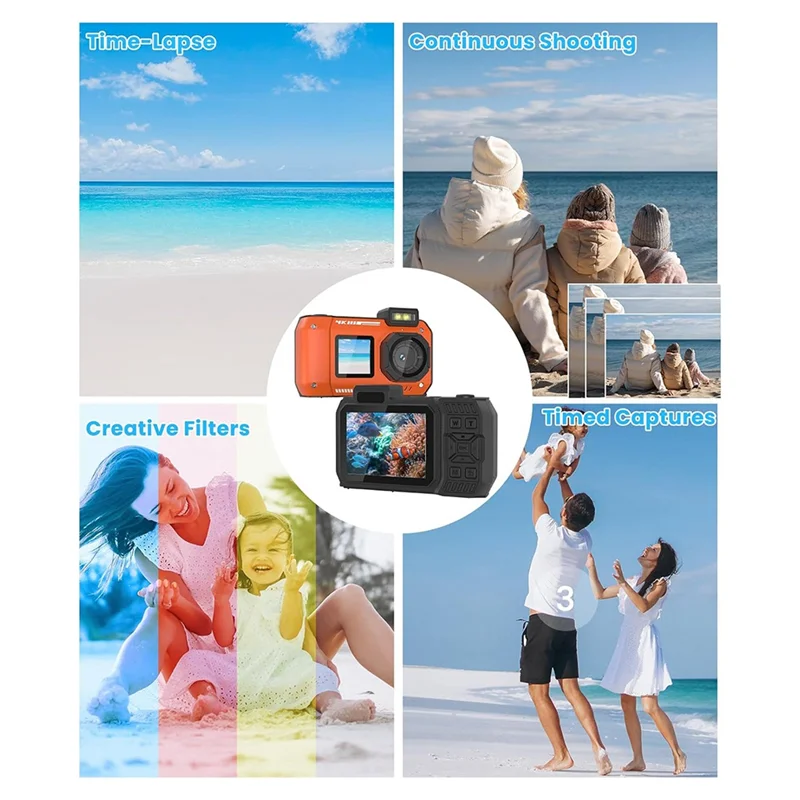 AED7-Waterproof Camera 4K 65MP Underwater Camera With 64G Card, For Snorkeling Autofocus Selfie Dual-Screen