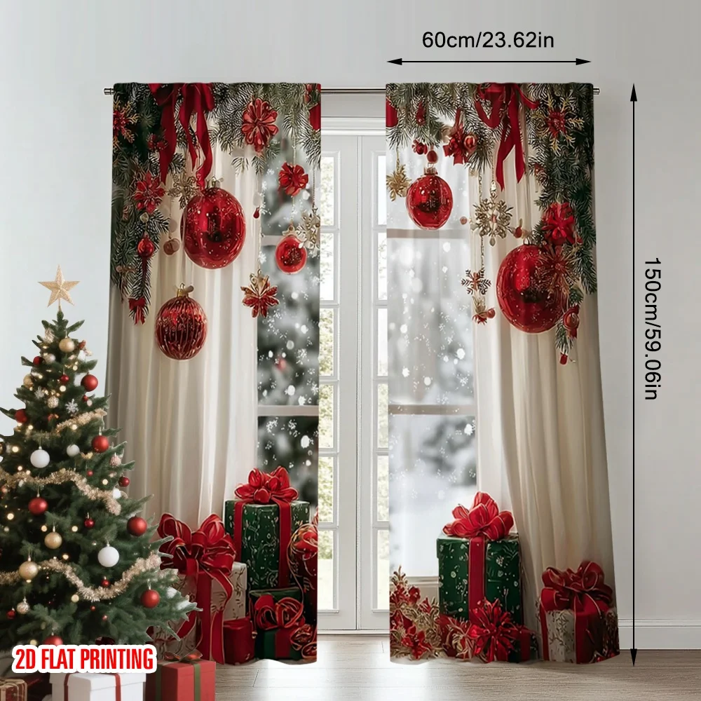 2pcs 2D flat printing Merry Christmas Trendy Curtains Gift Ball Snowflake Bow Winter Scene Red and Green scopic and stylish 100%