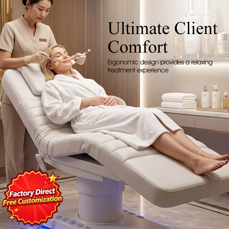 Electric Beauty Bed White PU Leather Facial Bed Height Adjustable Backrest Leg Rest LED Light for Salon Spa Esthetician Tattoo