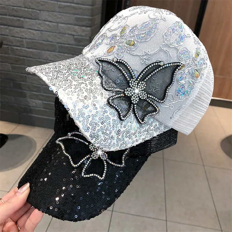 Women Baseball Cap Exquisite Butterfly Sequins Hip Hop Cap Fashion All-Match Comfortable Breathable Cap Sun-proof Hat