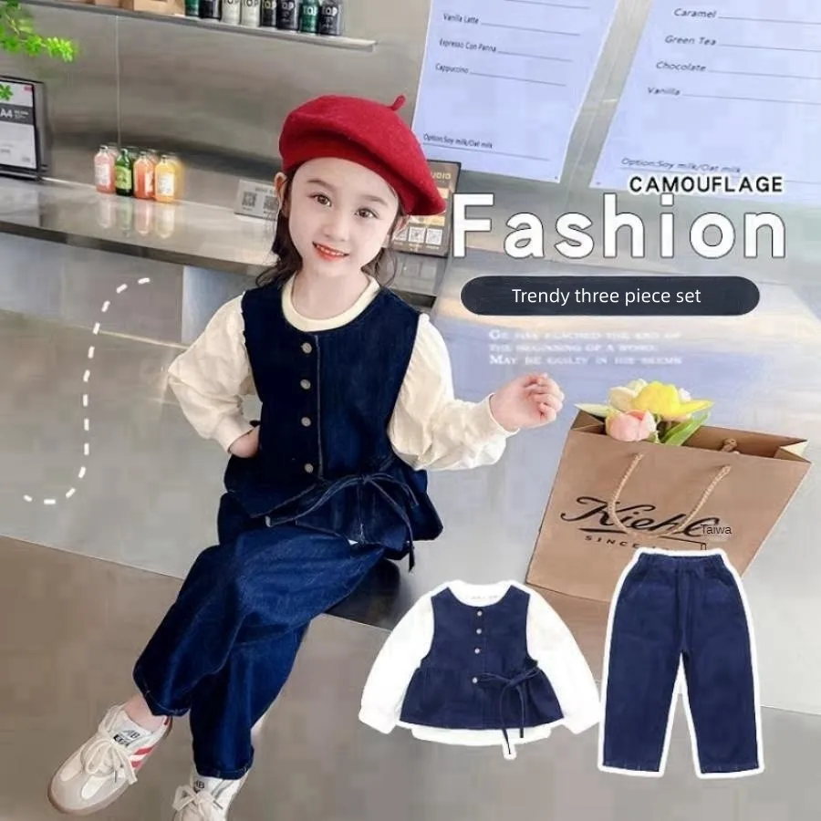 1-7 Years Old Girl's Spring and Autumn Denim Fashion Western Style Three-Piece Suit Baby Girl Clothes  Jeans  Kids Clothes