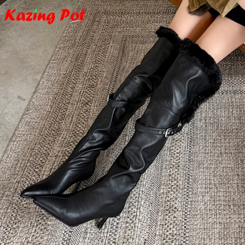 Krazing Pot Cow Split Skin Pointed Toe Stiletto High Heels Natural Fur Modern Boots Keep Warm Winter Shoes Women Knee-high Boots