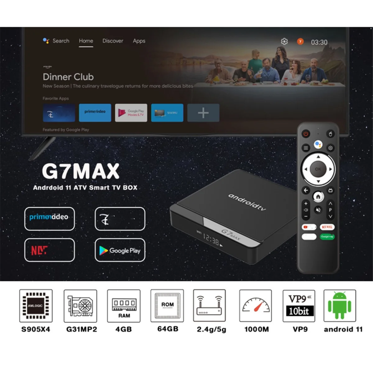 G7 Max Smart TV Box Android 11 S905X4 4GB+64GB 1000M AV1 4K HD 2.4GHz/5GHz Dual Wifi USB3.0 Set Top Box Player - EU PlugJADD