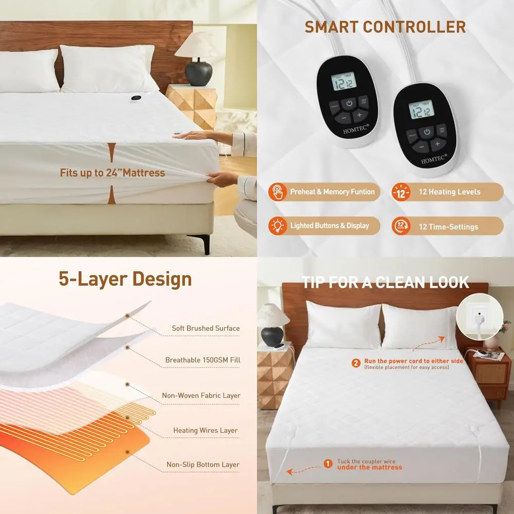 

Queen Size Heated Mattress Pad with Dual Zone, 12 Heat Levels, Timer, Preheat, Memory, Washable, Certified