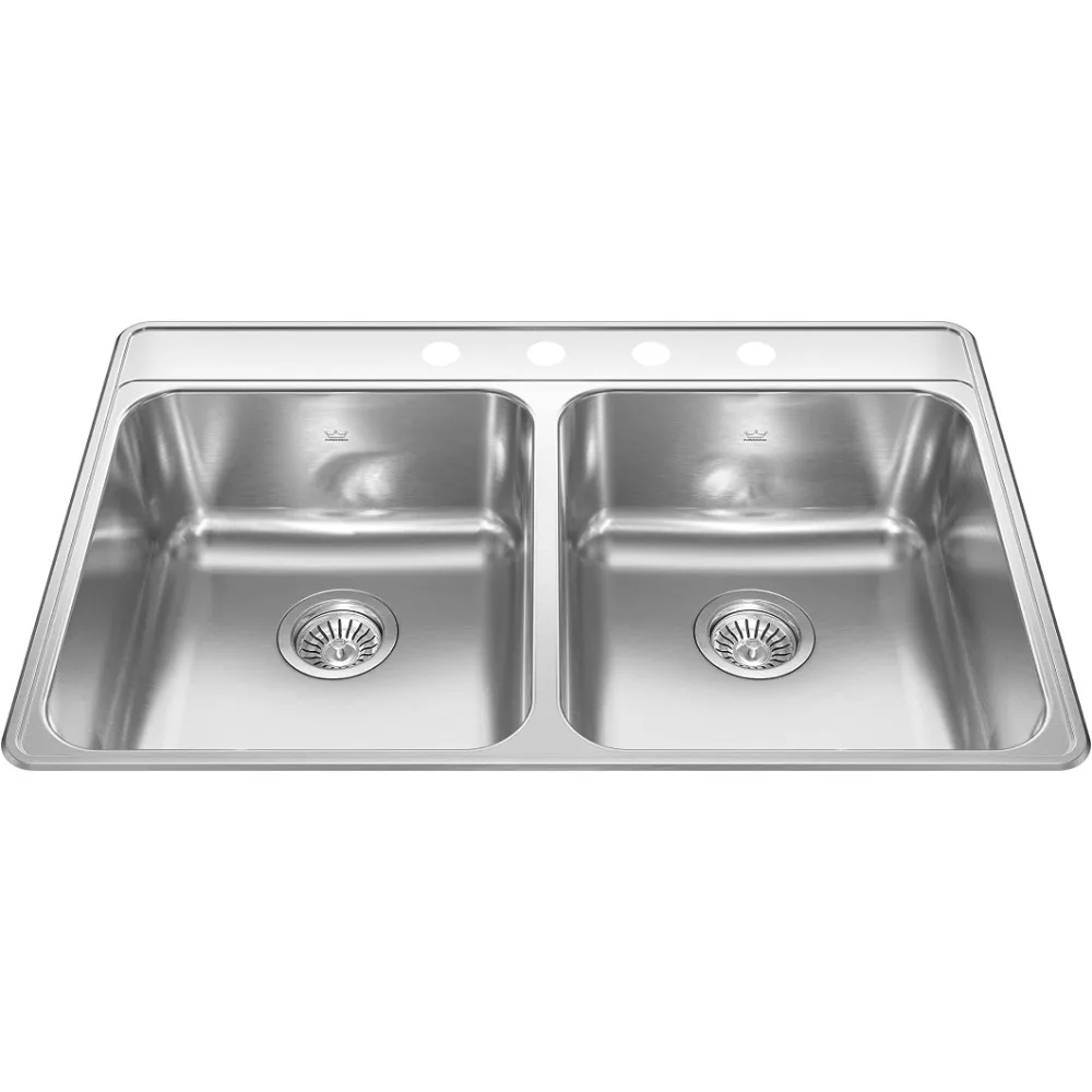 Kindred CDLA3322-8-4CBN Creemore 33-in LR x 22-in FB x 8-in DP Drop In Double Bowl 4-Hole Stainless Steel Kitchen Sink, No Size