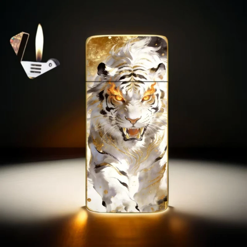 Ultra-thin metal gas lighter four divine beast creative ultra-thin open flame lighter  enamel color craft lighter