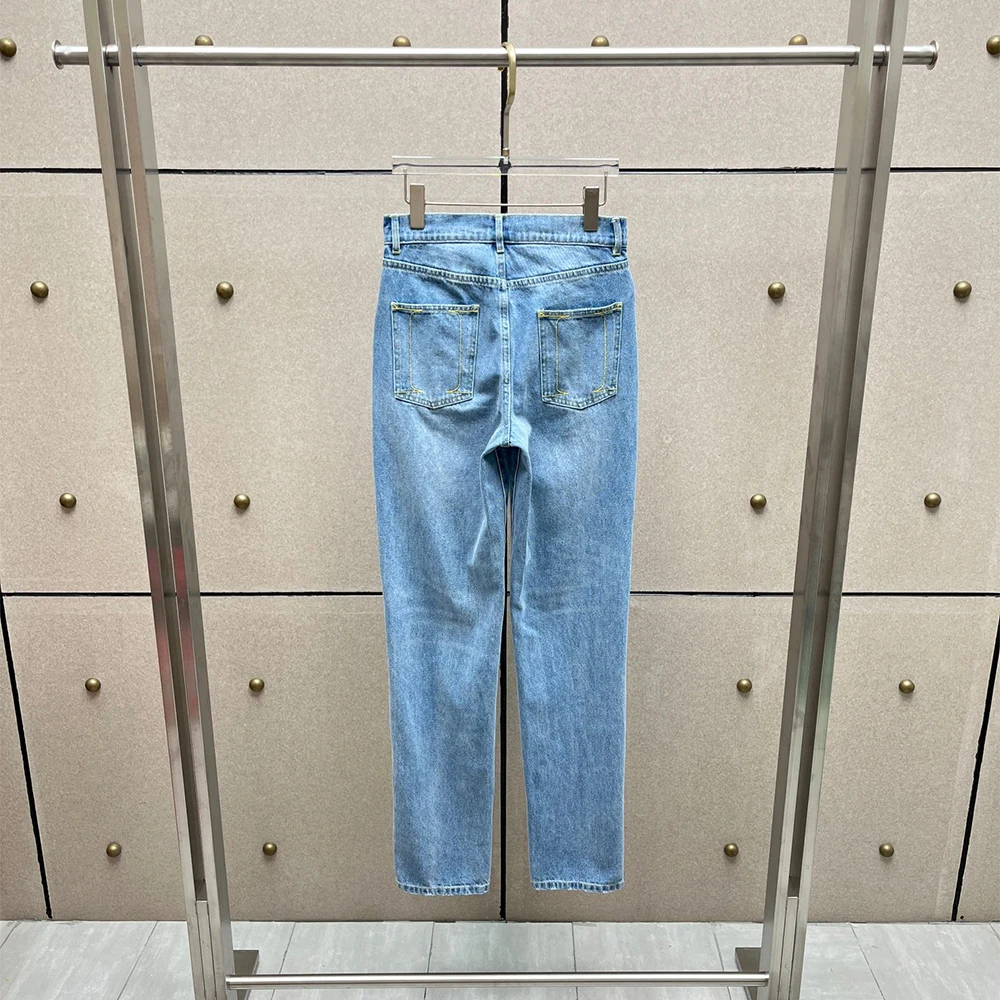 Women 100% Cotton High Waist Straight Leg Jeans Washed Denim Button‑Zip Fly Loose Fit Casual Daily Ladies Long Denim Pants