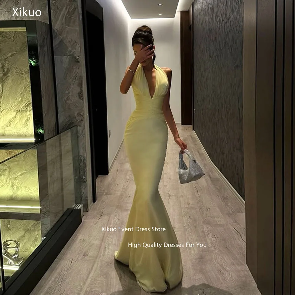 

Xikuo Pastel Yellow V Neck Evening Dresses Alluring Mermaid Robe De Soirée Mariage Halter Backless Party Dresses Customized