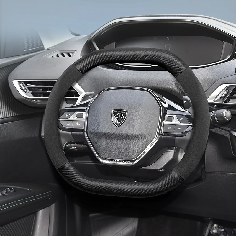Suitable for Peugeot Suede Matte Carbon Fiber Texture Steering Wheel Cover Suitable for 206 208 3008 308 207 307 2008 508 5008 407 107 Partner Rifter Tepee 106 306 Boxer Expert 205 Rcz 2019 408