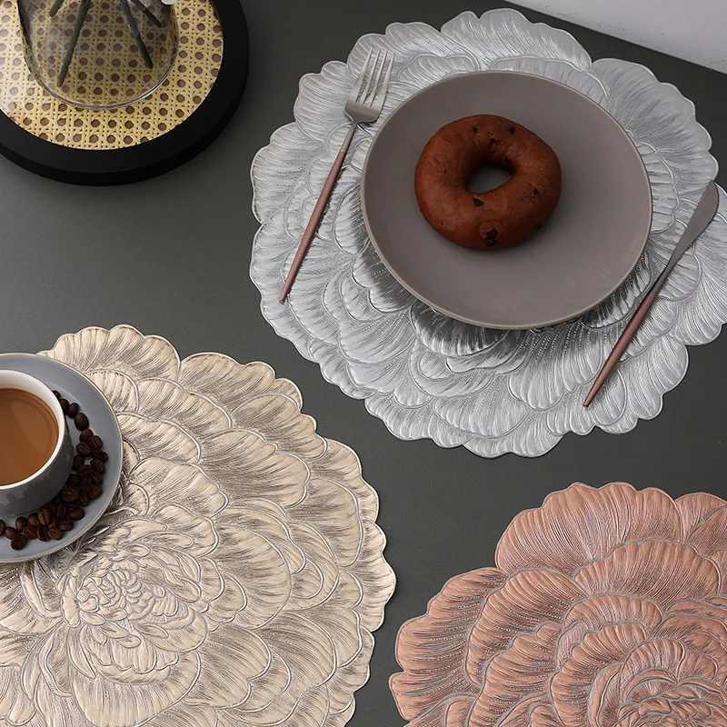 High Quality 3D Gilded Peony Placemats Exquisite Pvc Insulated Dining Table Mat for Hotel Home Waterproof Wipeable Cup Coasters