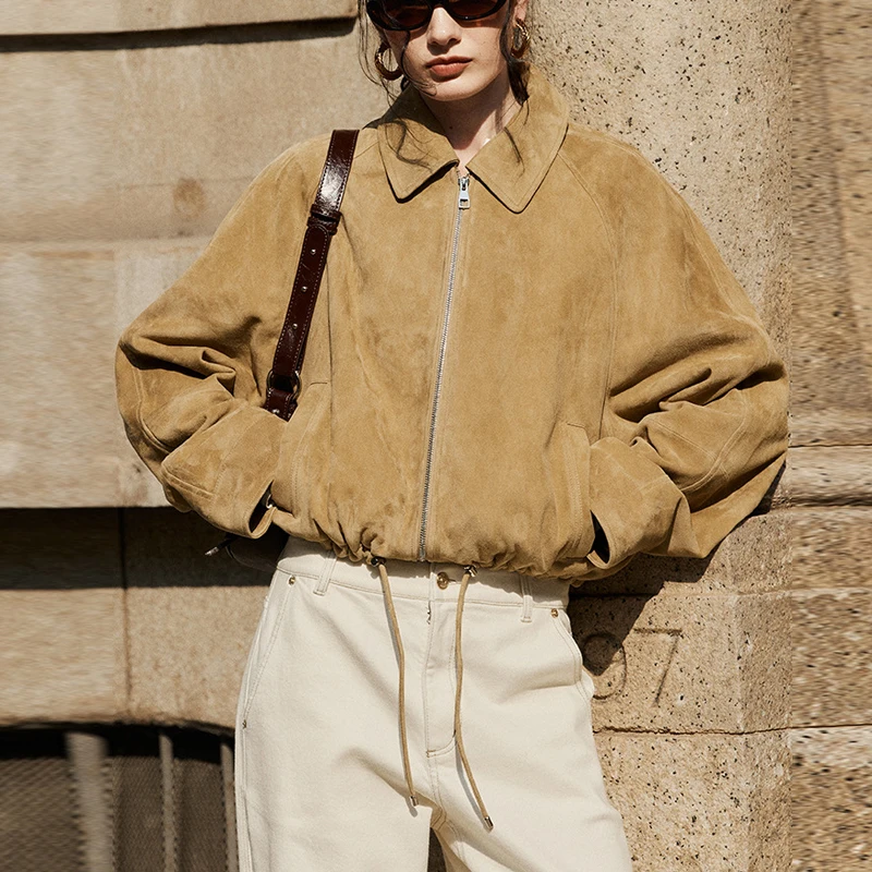 المرأة المستوردة سترة جلدية من جلد الغزال 2025 خريف جديد الخصر الرباط تصميم الإناث التلبيب الفاخرة ألف خط الماعز سترة معطف قصير