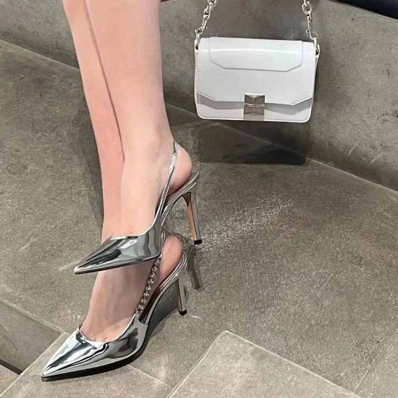 Women Crystal High Heels Slingback Pointy Toe Silver Pumps Fashion Luxury Brands Thin Heel Sandals Metallic Party Casual Shoes