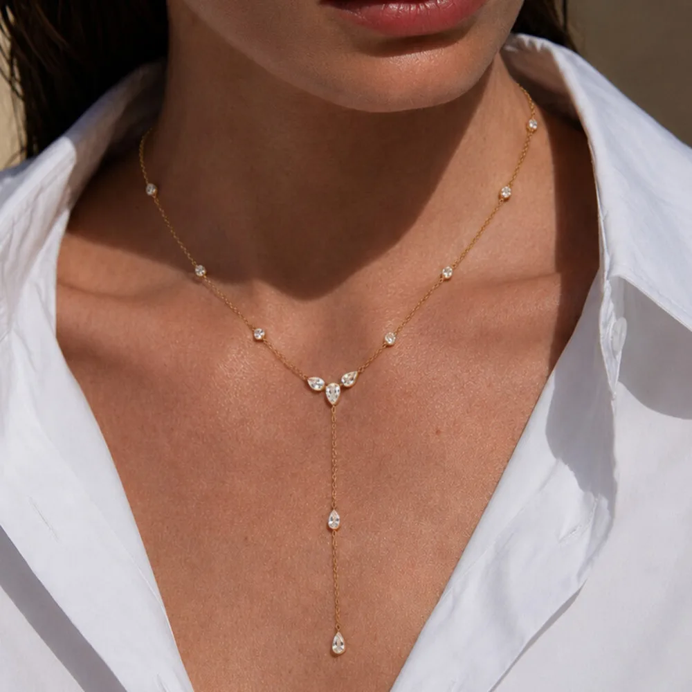 KunJoe Simple Classic 18K Gold Plated Stainless Steel Water Droplet Elegant White Zircon Y Shaped Pendant Clavicle Chain Jewelry