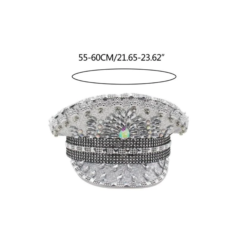 R1WE قبعة عسكرية للعروس من حجر الراين لحفلات الزفاف وحفلات الهالوين قبعة كابتن للسفر والتقاط الصور وقبعة ضابط الزفاف