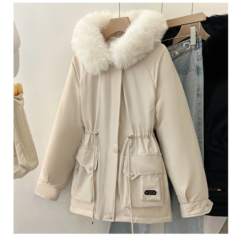 Winter Cotton Padded Hood Fur Jacket for Women Thick Velvet Fur Hooded Mid Length Snow Parka Warm Big Fur Collar Outerwear Women