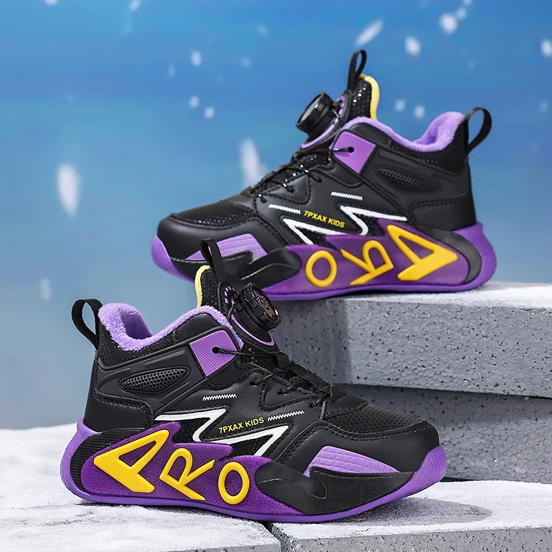 Kids Winter Warm Basketball Shoes Boys Girls Rotary Buckle Fleece Lined Non-Slip Thick Sole Black Purple Yellow Outdoor Shoes