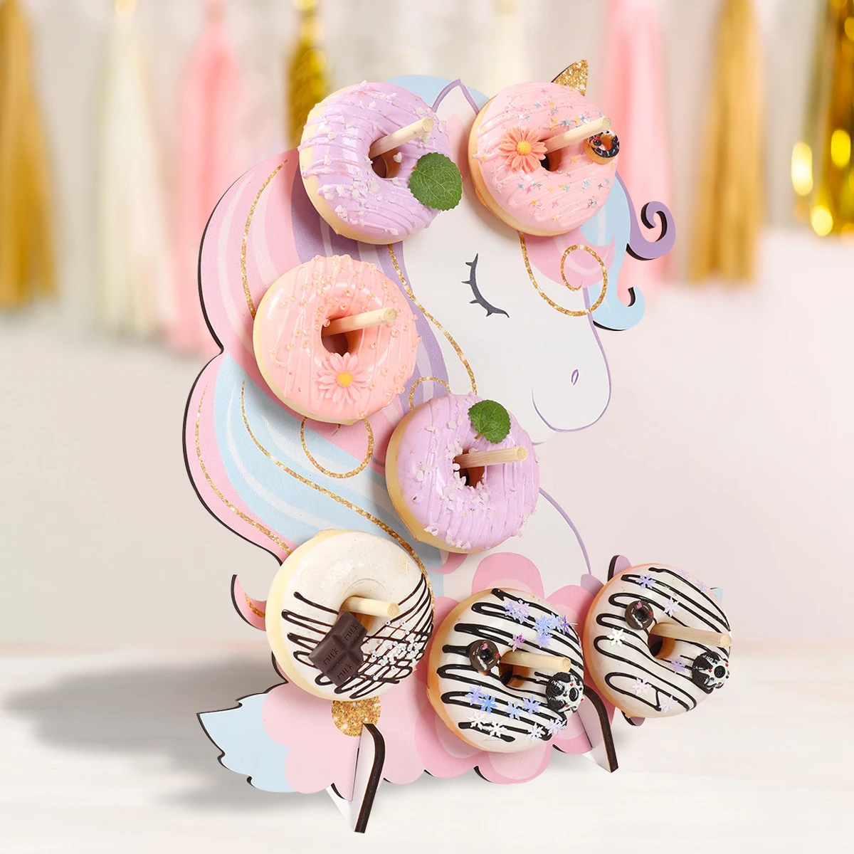 Unicorn Wooden Donut Stand Wall Dessert Doughnut Table Holder Unicorn Birthday Party Decor Baby Shower Wedding Party Supplies