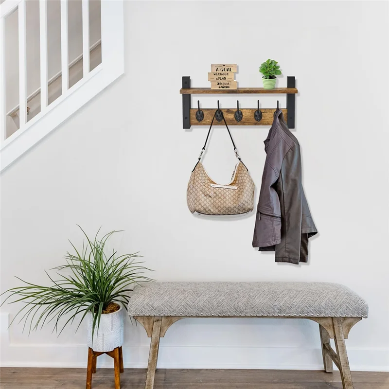 AT69 -Floating Wall Shelf With Hooks-Heavy Duty Coat Hooks Wall Mount With Shelf-5 Hooks Included Coat Rack
