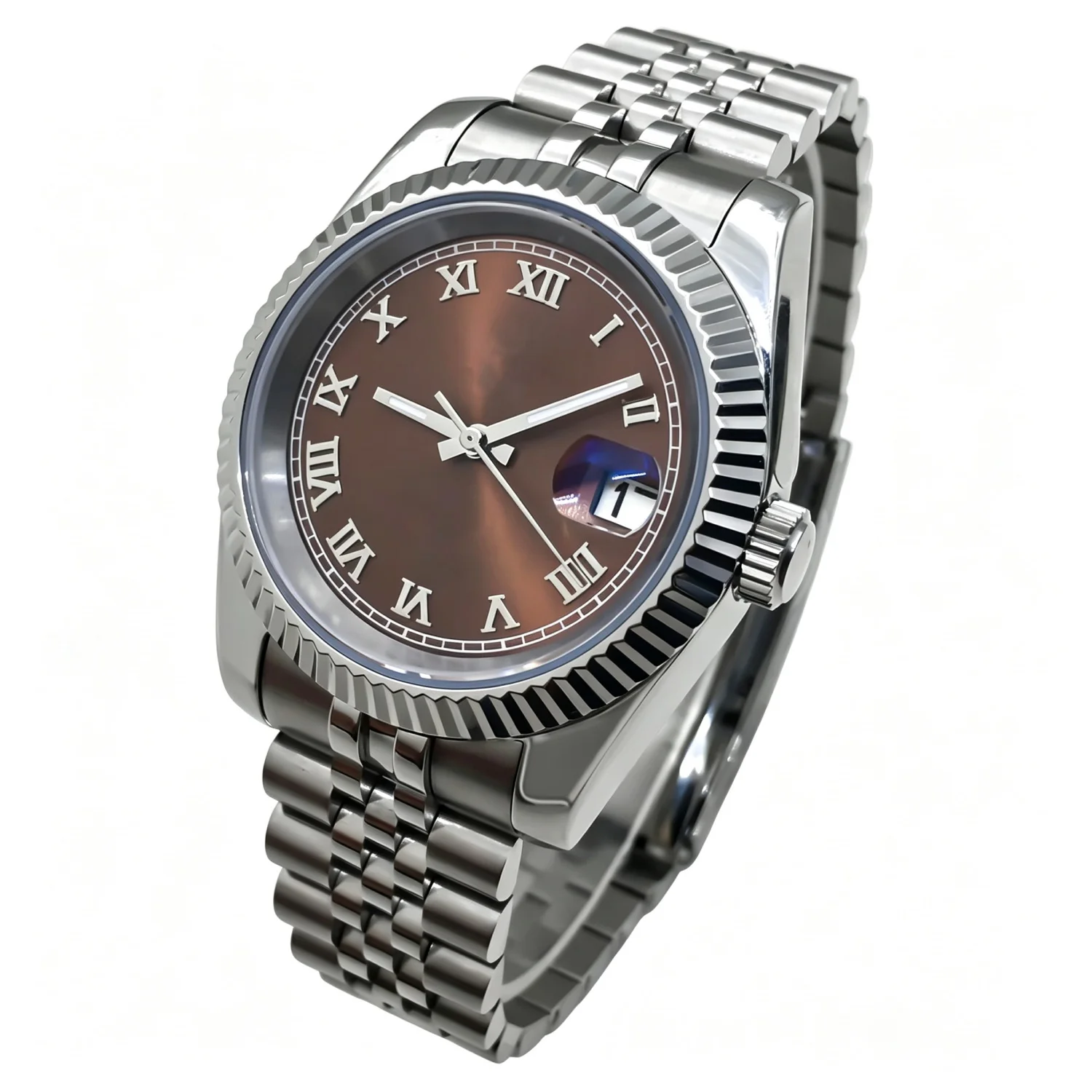 BLIGER 36mm 39mm NH35A Automatic Watch For Men Fluted Coffee Dial Silver Roman Index Luminous Sapphire Crystal Deep Waterproof