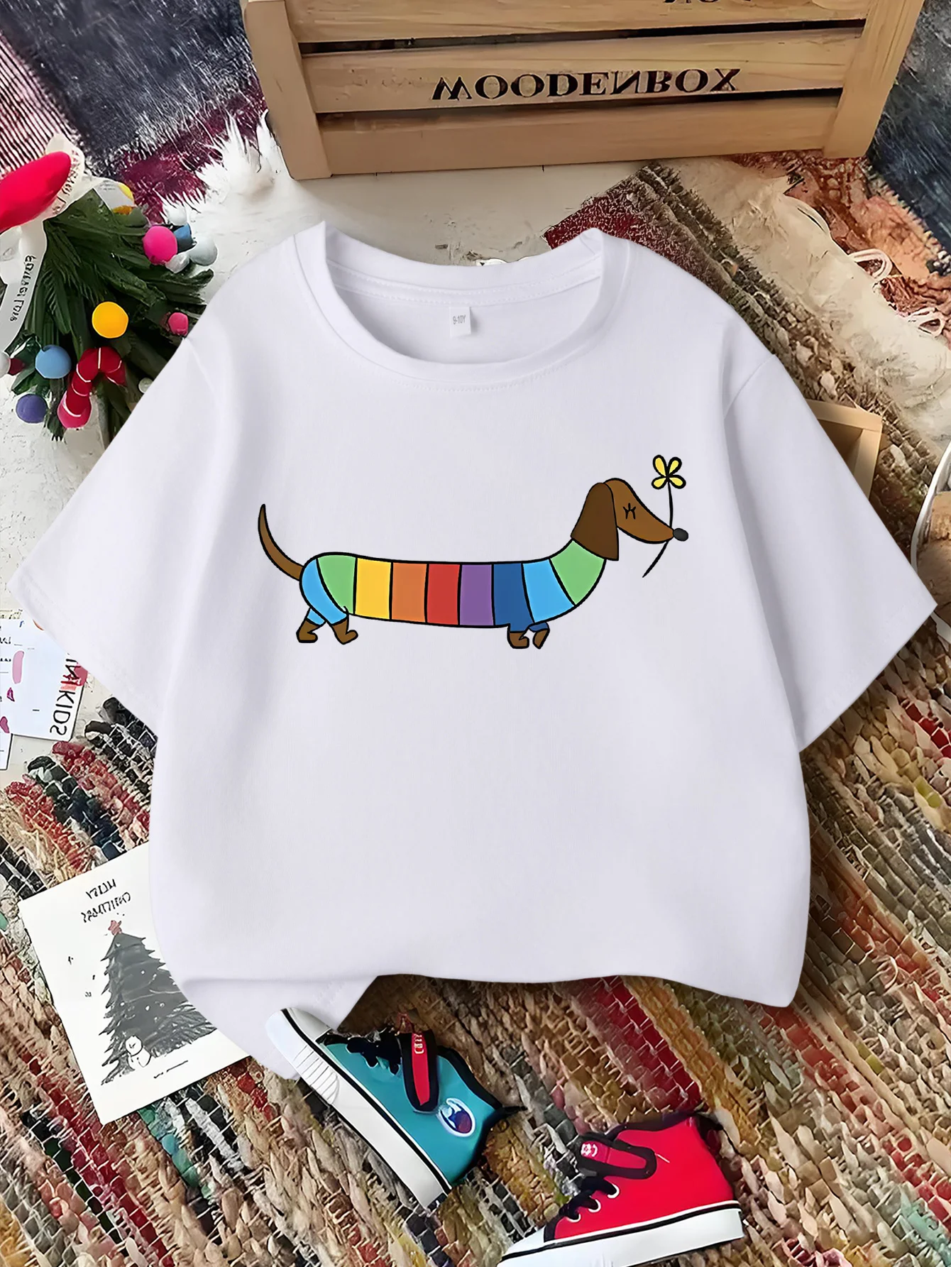 Rainbow Dachshund Flower Cartoon Print Kids Tee Boys Girls Family Matching Short Sleeve Soft Breathable Parent Child DailyTops