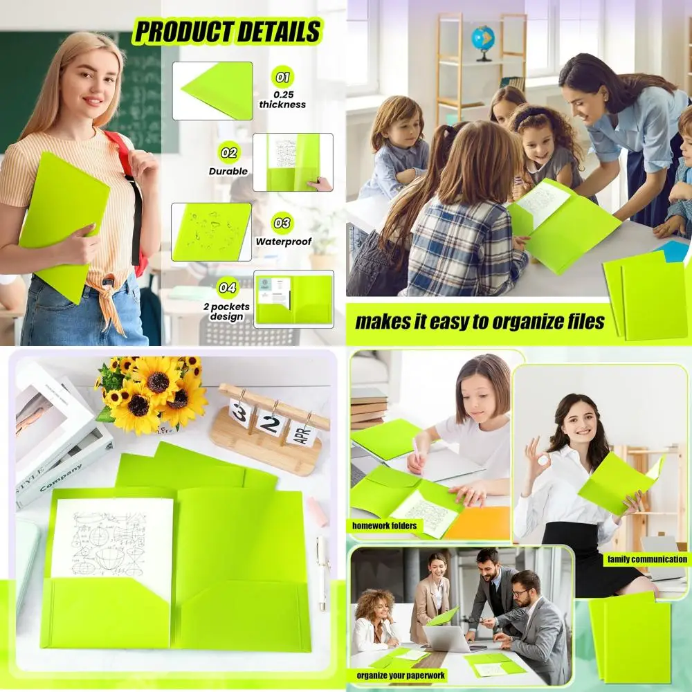 Pastas de arquivo de plástico resistentes de 100 peças, 2 bolsos, tamanho carta, portfolios duráveis para casa, escritório, escola, verde limão