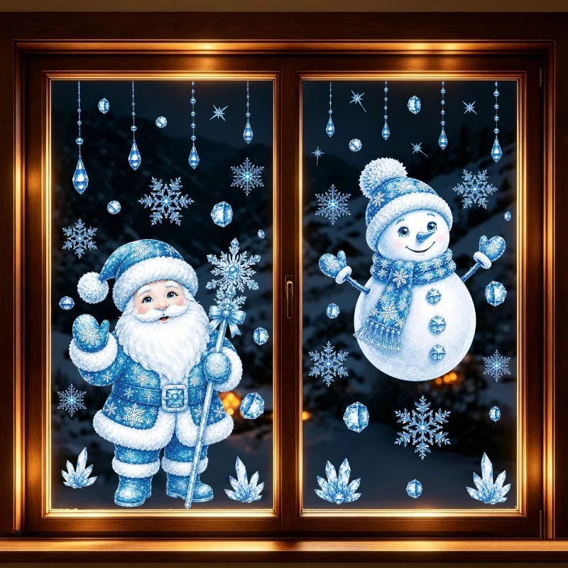 6 Christmas Window Stickers with Blue Santa Claus, Christmas Tree,and Snowflake Patterns, Electrostatic Adsorption Can Be Reused