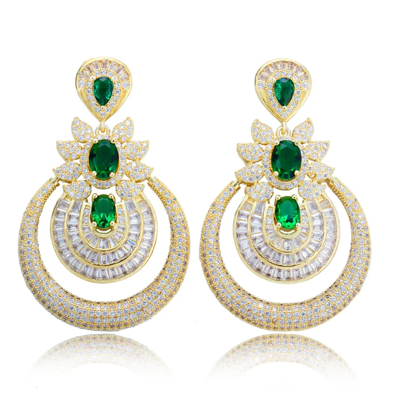 CWWZircons Luxury Green Cubic Zircon Dubai Gold Color Jewelry Full Stone Drop Long Earrings for Women Wedding Dress Party E0063