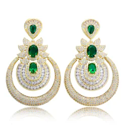CWWZircons Luxury Green Cubic Zircon Dubai Gold Color Jewelry Full Stone Drop Long Earrings for Women Wedding Dress Party E0063