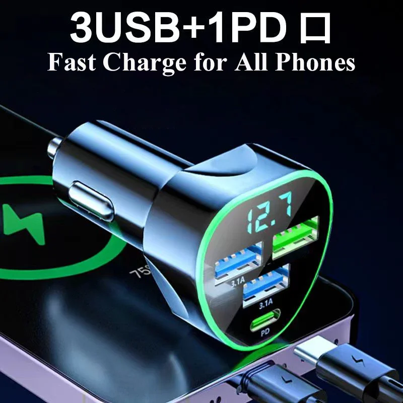 Car Phone Charger USB Type C Super Fast Charge in Car with LED Voltage Monitor for iPhone Samsung Huawei Oneplus Vivo Oppo