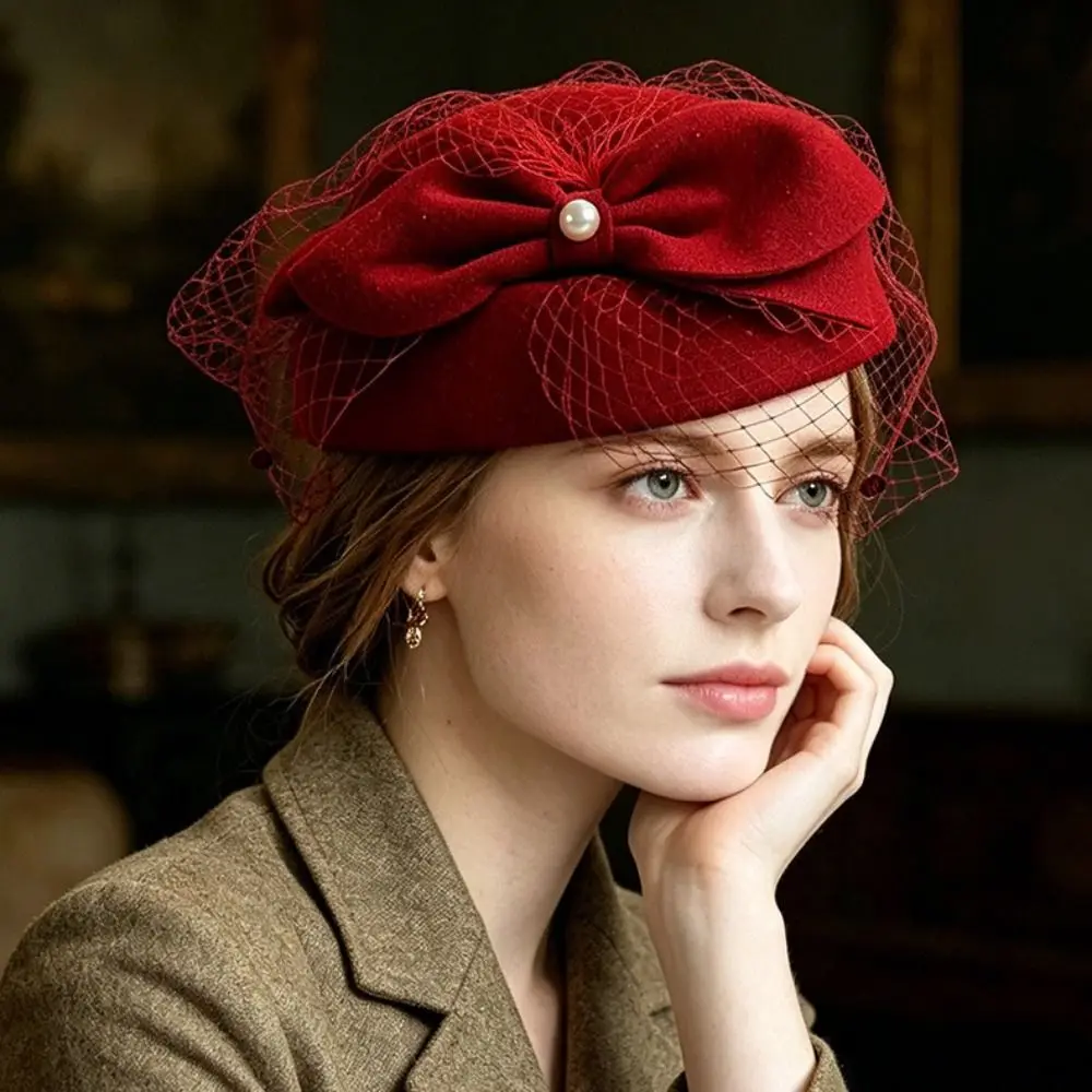 New Elegant Mesh Wool Jazz Hat Warm Woolen Breathable British Style Hat Bowknot Veil Hat Evening Cocktail