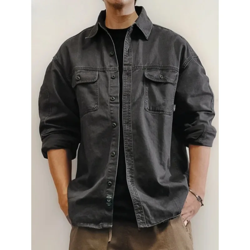 

‌ Мужская винтажная рабочая рубашка из японского хлопка, плотный твил, длинный рукав, оверсайз, с эффектом потертости, повседневная, высокое качество