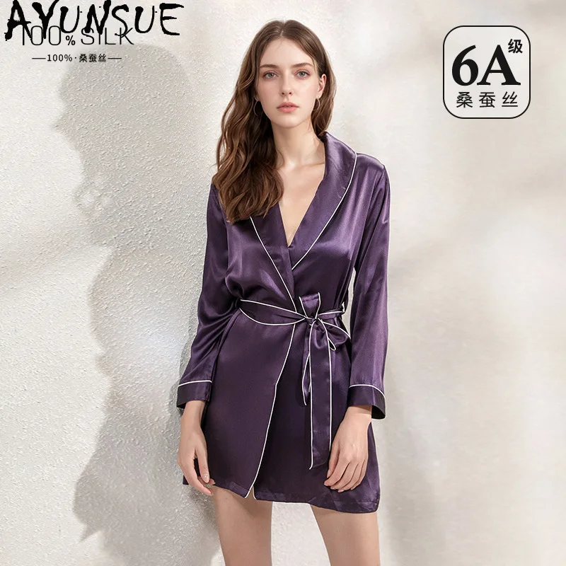 

AYUNSUE Heavyweight Silk Robes for Woman Luxury Lace-up Bathrobe Long Sleeve Bridal Robe High Quality Sleepwear Woman Pijamas